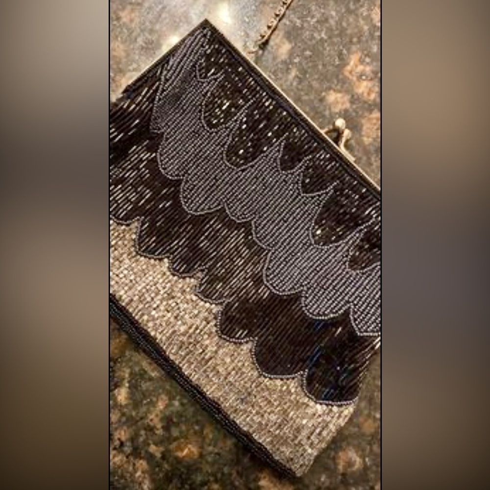 Vintage Kaiho Clutch with Intricate Black and Silver Beading